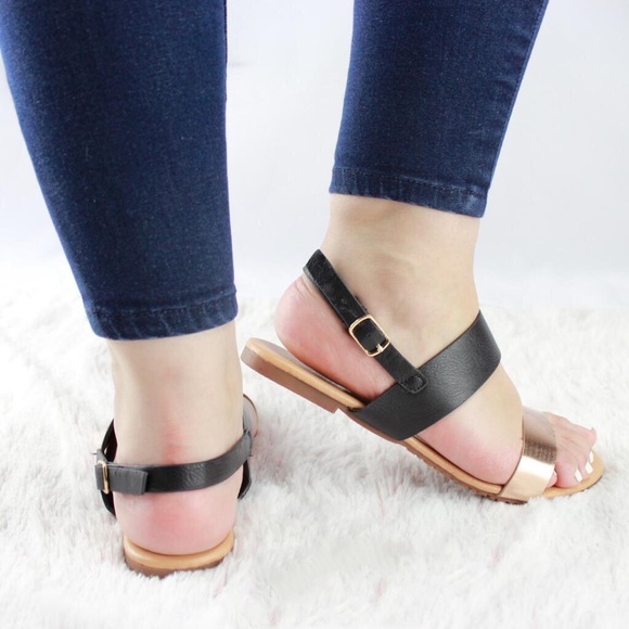 Black-Gold Double-Strap Flat Sandal - Picture 3 of 5